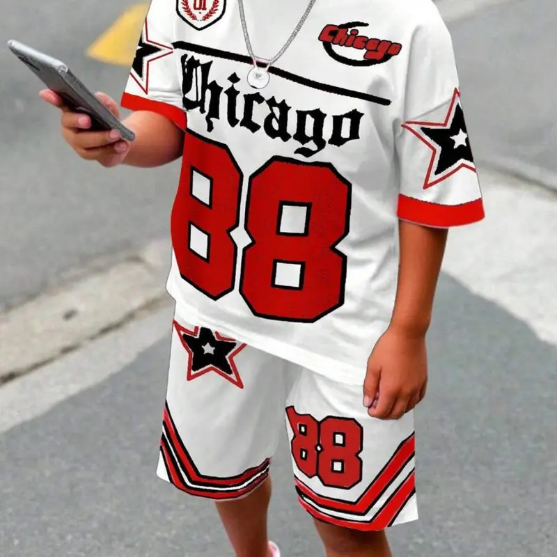 Boys' Casual 88 Print Set, Fashion Hoodie Sporty Design Short Sleeve Track Shorts, Fitted Outdoor T-Shirt Pants Set, Kids Sportswear, Sporty Style Clothes, Top And Shorts, Clothes Sets, Sports Clothing Set