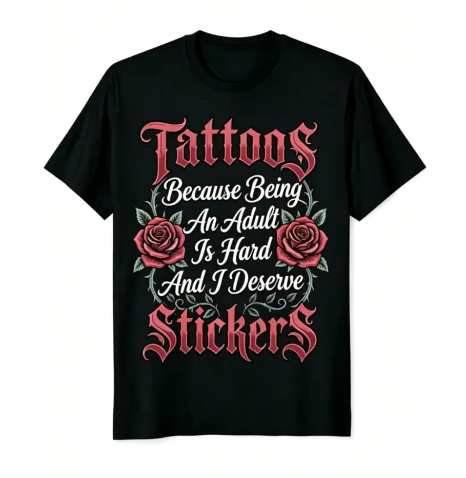 Funny Tattoo Humor T-Shirt - "Tattoos Because Being an Adult Is Really Hard" Retro Graphic Tee, Round Neck Casual Shirt Suitable for Adults, Machine Washable Adult Apparel for Parties & Casual Attire