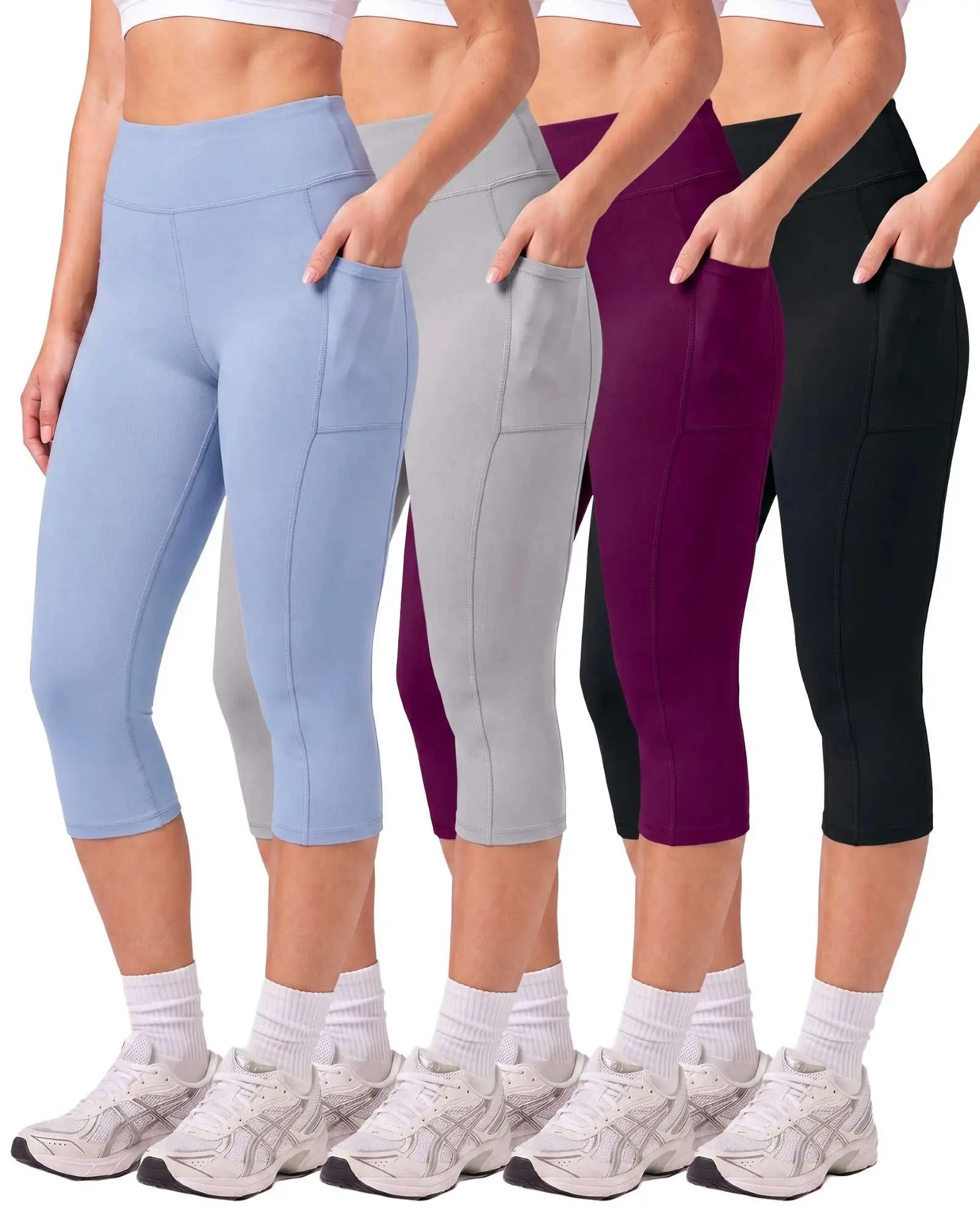 Real Essentials 4 Pack: Women's Capri Leggings with Pockets Casual Yoga Workout Exercise Pants (Available in Plus Size)