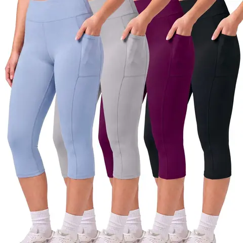 Real Essentials 4 Pack: Women's Capri Leggings with Pockets Casual Yoga Workout Exercise Pants (Available in Plus Size)