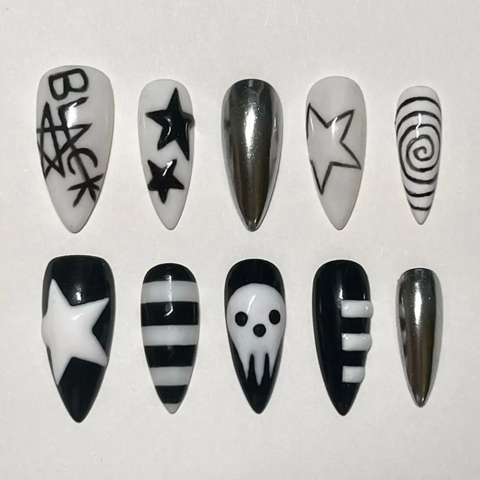 Black & White Grunge Press On Nails | Y2K Star Graphic Nail Art | Chrome Silver Accent | Punk Alt Handmade Fake Nails