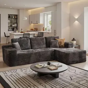 Black Sectional Couches for Living Room, Boneless Couch with L-Shape Chaise, Modular Sofa in Box with Deep Seat, No Assembly Required Corduroy Fabric Sofa