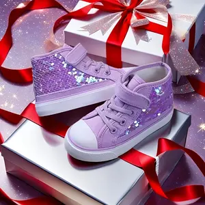 Girls' Sparkling Sequin Canvas Sneakers - Lightweight, Easy-On Mid-Top Shoes with Closure, Breathable Fabric Lining & Durable Rubber Sole for All-Season Casual Wear, Shoes for Girls, Youngsters'S Footwear, Stylish Youngsters'S Footwear, Comfortable Youngs