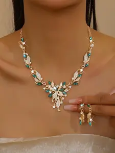 Elegant Leaf Necklace Earrings Set, Full Diamond Floral Design Bridal Evening Jewelry, Wedding Dress Accessories