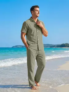 Men's Casual Linen Shirt Pants Set, Short Sleeve Loose Fit Breathable Comfort, Urban Commute & Vacation Fashion, Natural Waist H-Type