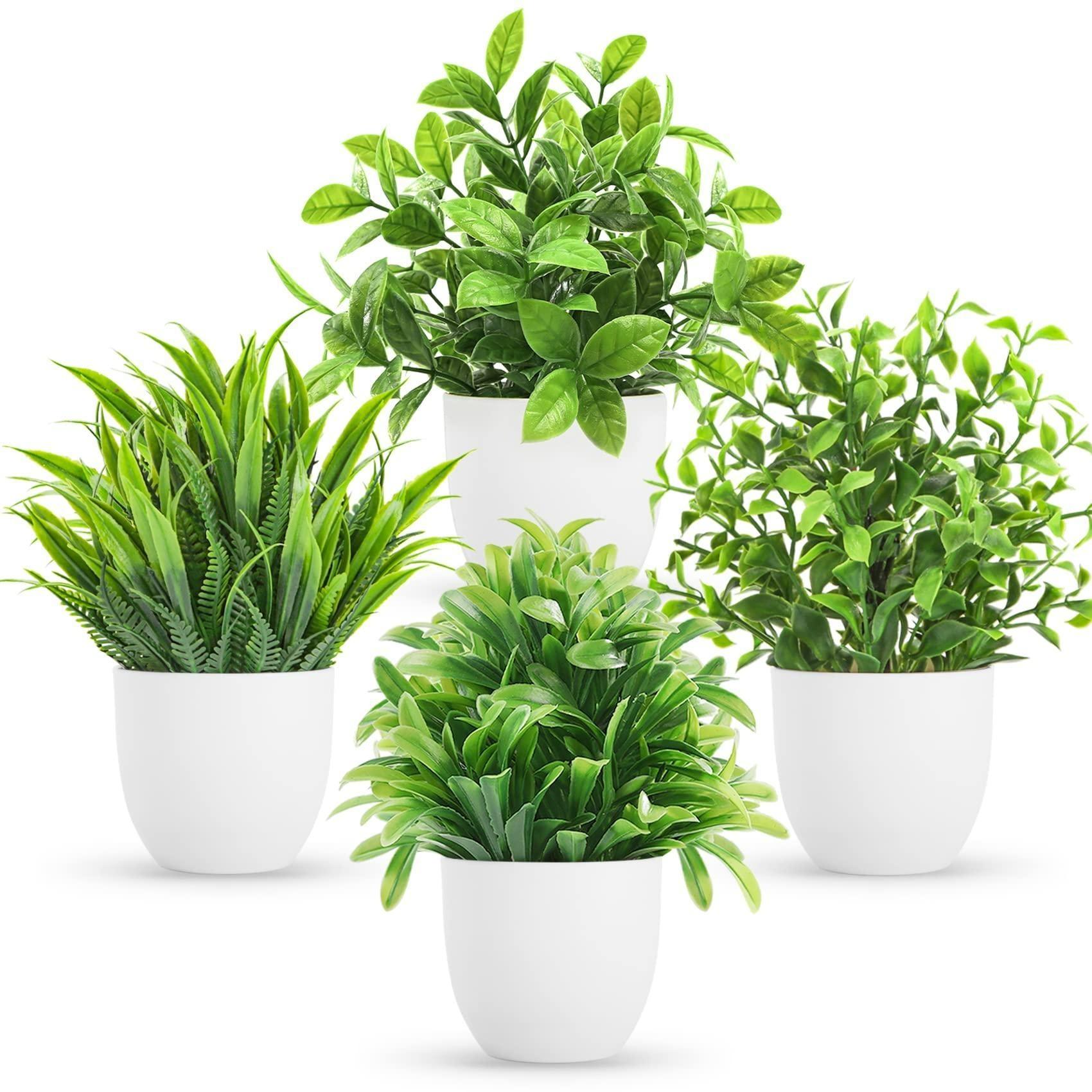 6.7-Inch Artificial Eucalyptus Potted Plants 4 Pack, Fake Eucalyptus in White Pots, Mini Faux Greenery for Home Office Desk Shelf Decor, Small Indoor Artificial Plants, Summer Decor & Housewarming Gifts