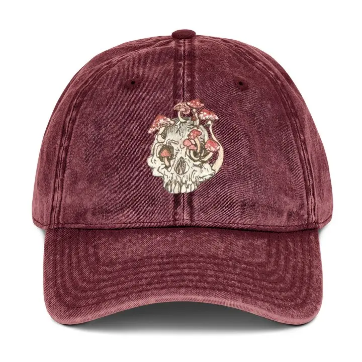 Dad Cap - Mushroom Skull Embroidered Cotton Twill 6-Panel Unstructured Low Profile Vintage Effect Baseball Cap