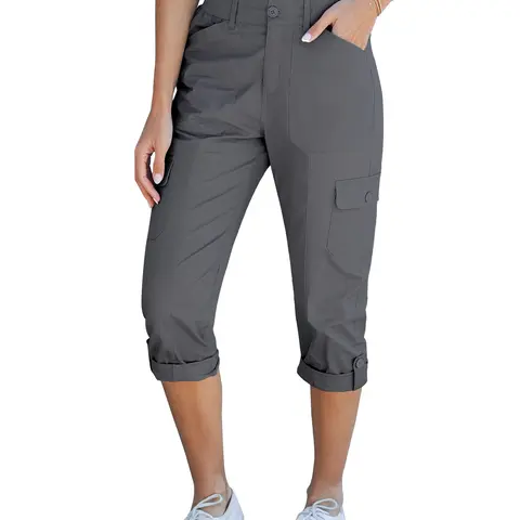 GRAPENT Women's High-Waisted Cargo Crop Pants - Stretchy Relaxed-Fit, Elastic Knit Waist, 6-Pocketed, Casual Pocket Waist, Basic Chic Cargo Trousers for Summer Outfits, Vacation Use