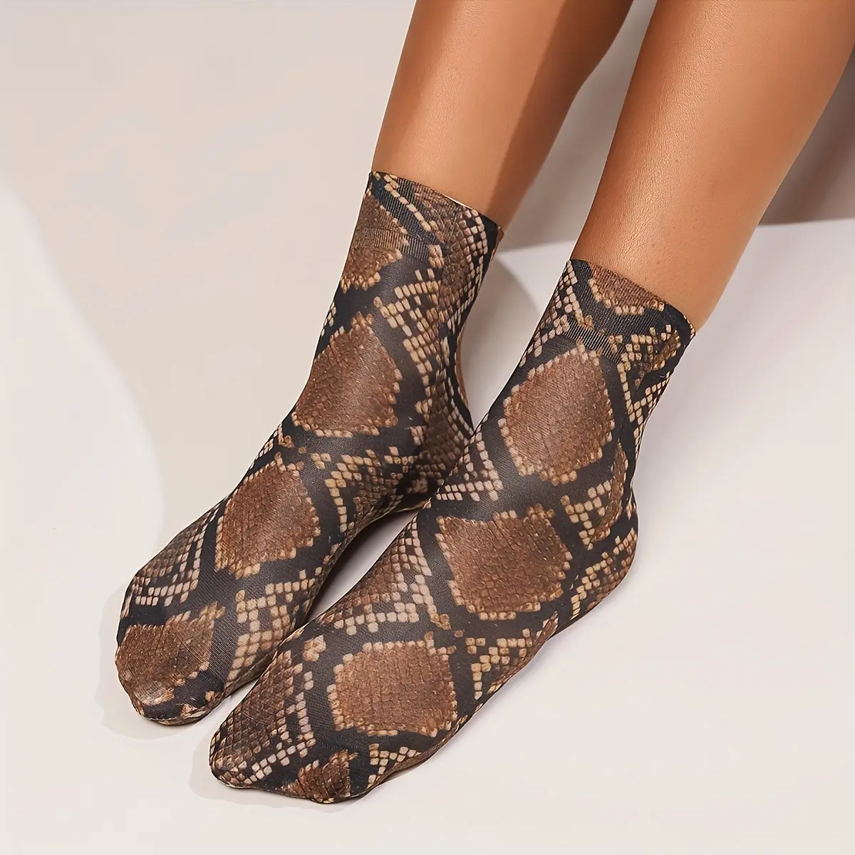Three Pairs of Lightweight Summer Socks for Women, Featuring Snake Print, Leopard Print and Lace Trim Designs