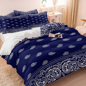 Navy Blue Paisley Camouflage Duvet Cover Set, & 1-2 Coreless Pillowcases, White Small Cashew Flowers & Paisley Lace Trim Decoration, Comfortable Skin-Friendly, Retro Street Style Bedroom Decor, Gift