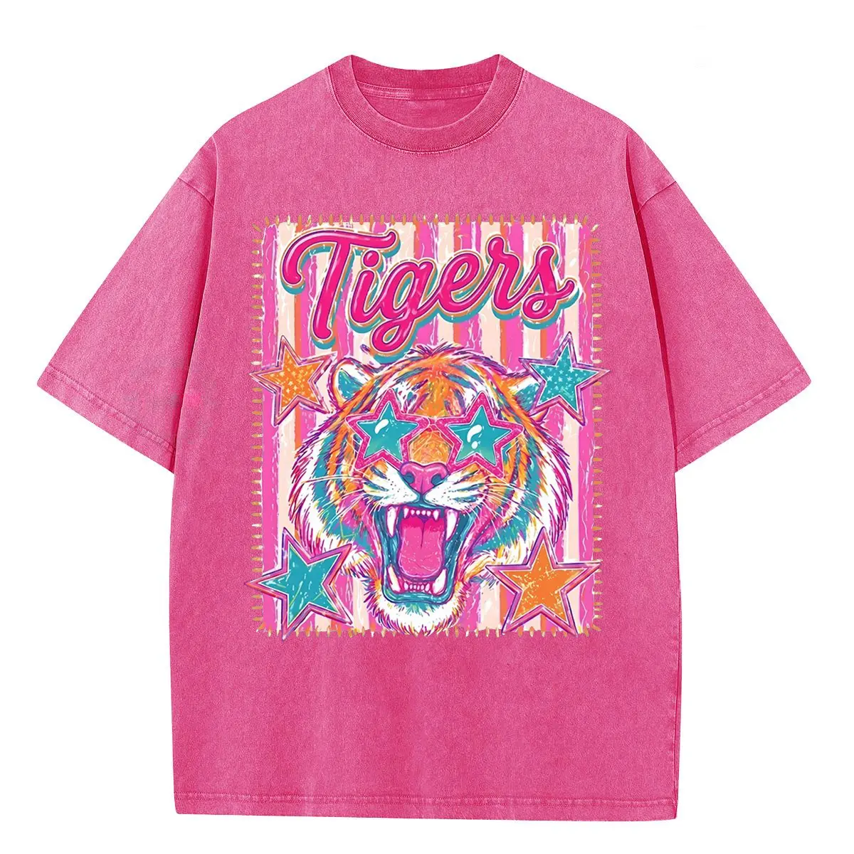 Women's Dopamine Bright Pink Washed T Shirt, Preppy Tiger Stripes Print Tee, Crew Neck Street Trend Loose Short Sleeve Top good graphic tees baggy shirts, Summer Fall Winter Clothes