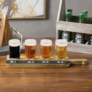 Burnt Wood Beer Flight Paddle Tray Sampler Server with 4 Glasses and Chalkboard Label