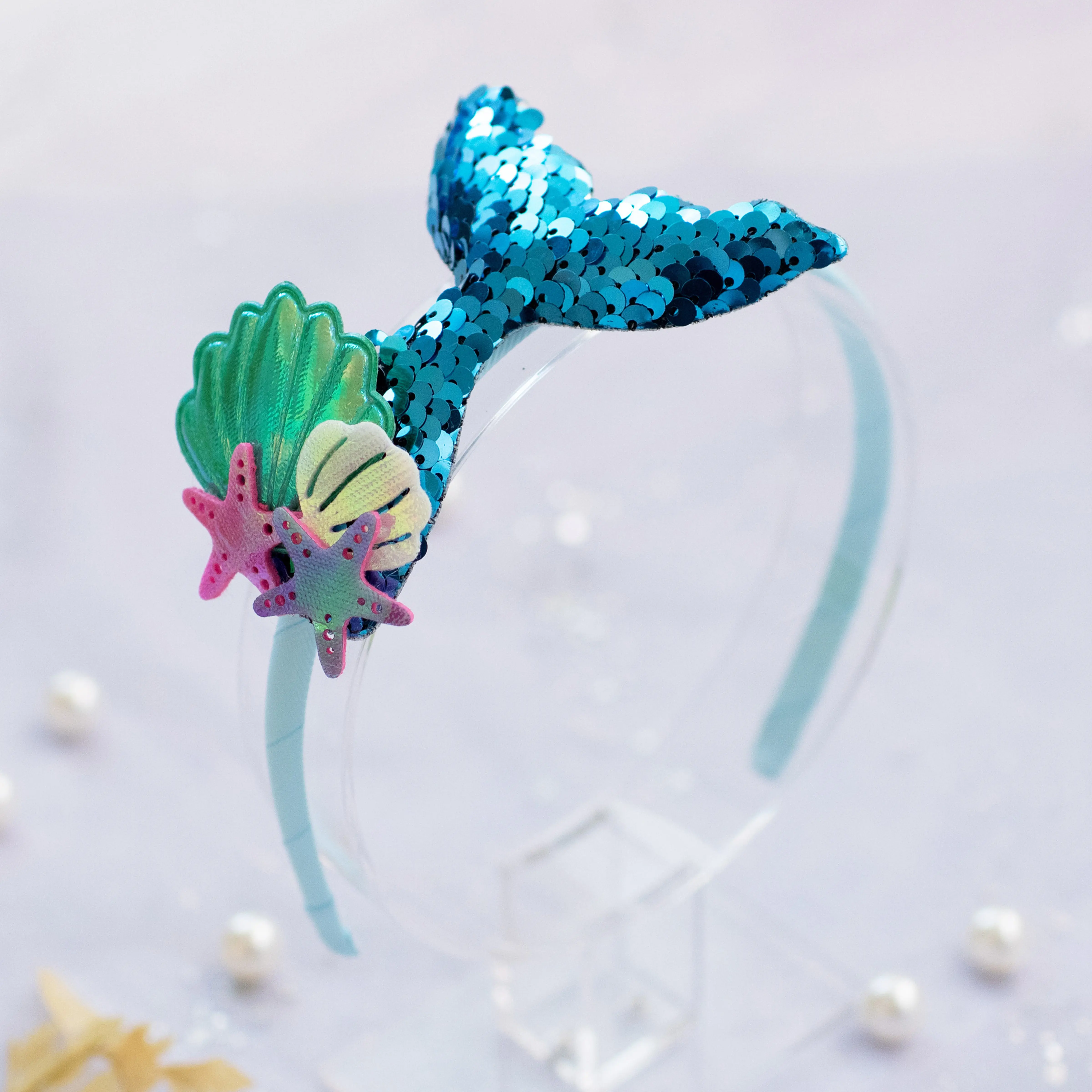 Girls' Sparkly Glitter Sequin Mermaid Tail with Starry Shell Headband