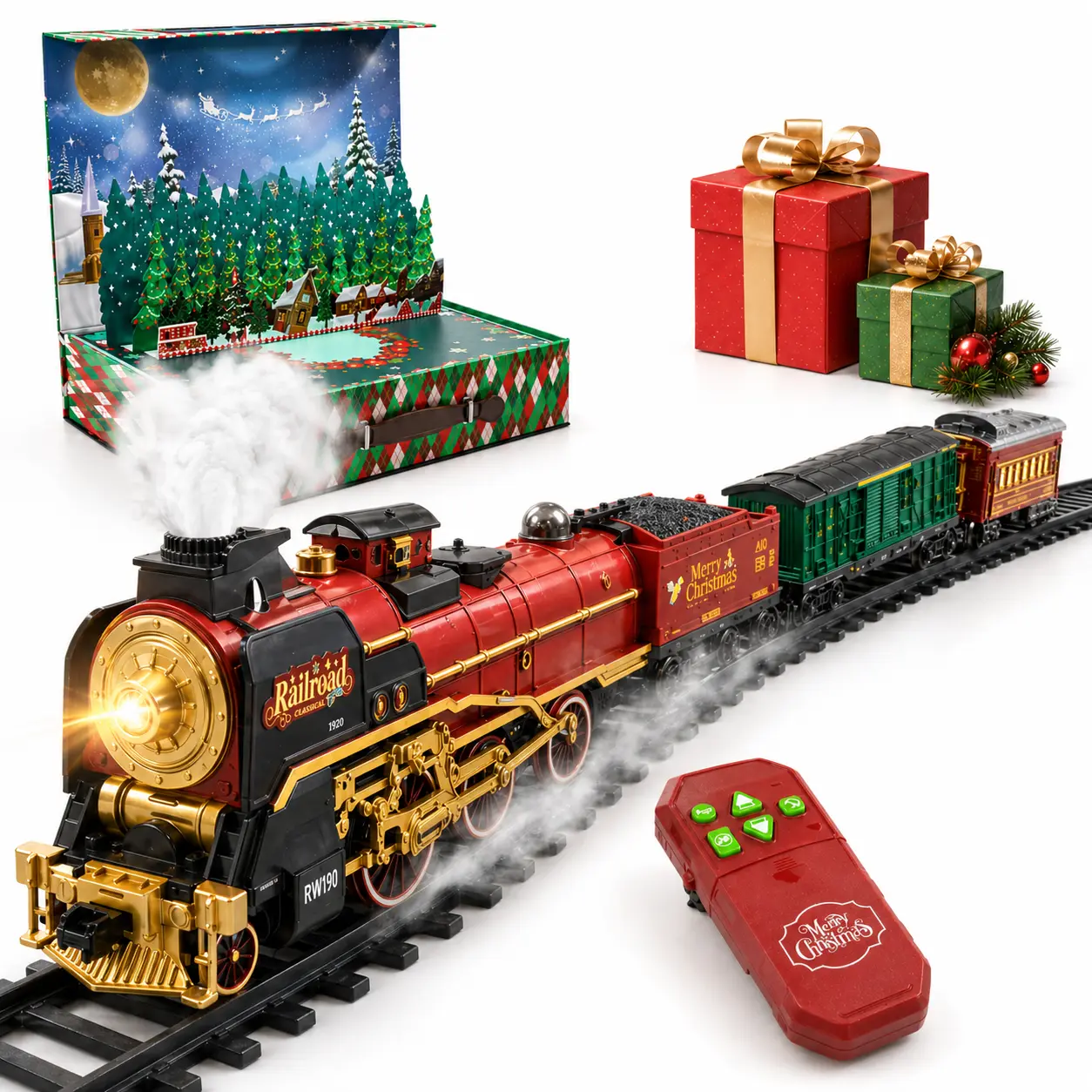 Electric Christmas Train Set with Jet Effects with Sound  Effects Holiday Gift Train Set with Remote Control, Steam Mist Light Up Railway Toy with Sound & Premium Box Option for Kids