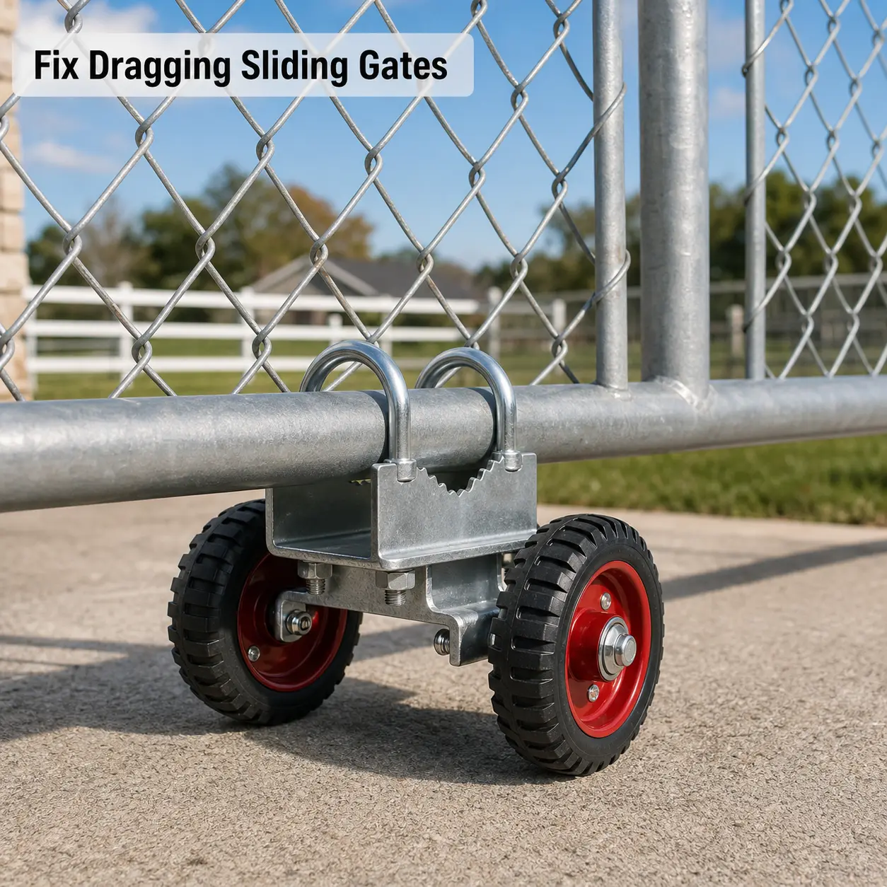 6 Inch Heavy Duty Gate Support Wheel for Dragging Gates, Double U-Bolt Rubber Roller for Metal Tube Driveway & Chain Link Fence Gates