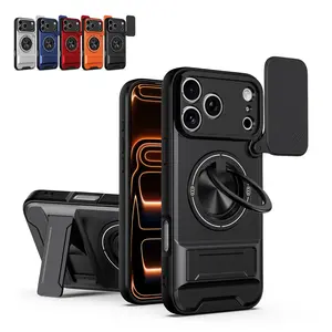 For iPhone 17 Pro Max 16 Pro 15 14 13 12 Case with Slide Lens Protection + 360° Rotate Ring Magnetic Kickstand,Hard PC & Soft TPU Shock Absorption Military Grade Drop Shockproof Cover