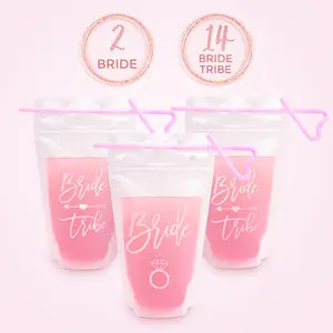 Effortless Events Bachelorette Drink Pouches for Adults, 15 Oz with Straws, Rose Gold, Bride and Bride Tribe (16 Count) Bottle Cup