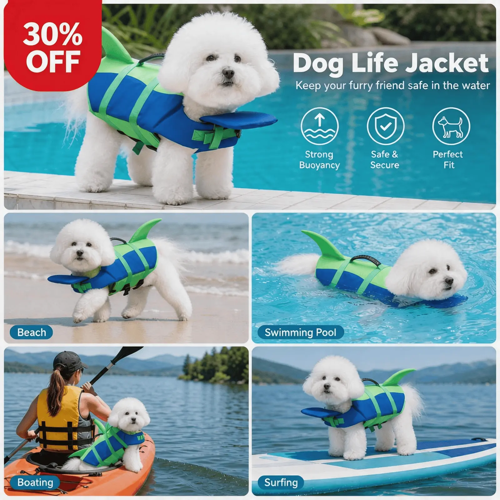 Pet Life Jacket, Shark Design | Adjustable Dog Life Vest | High Buoyancy Swimming Safety Vest | Pool Beach Boating
