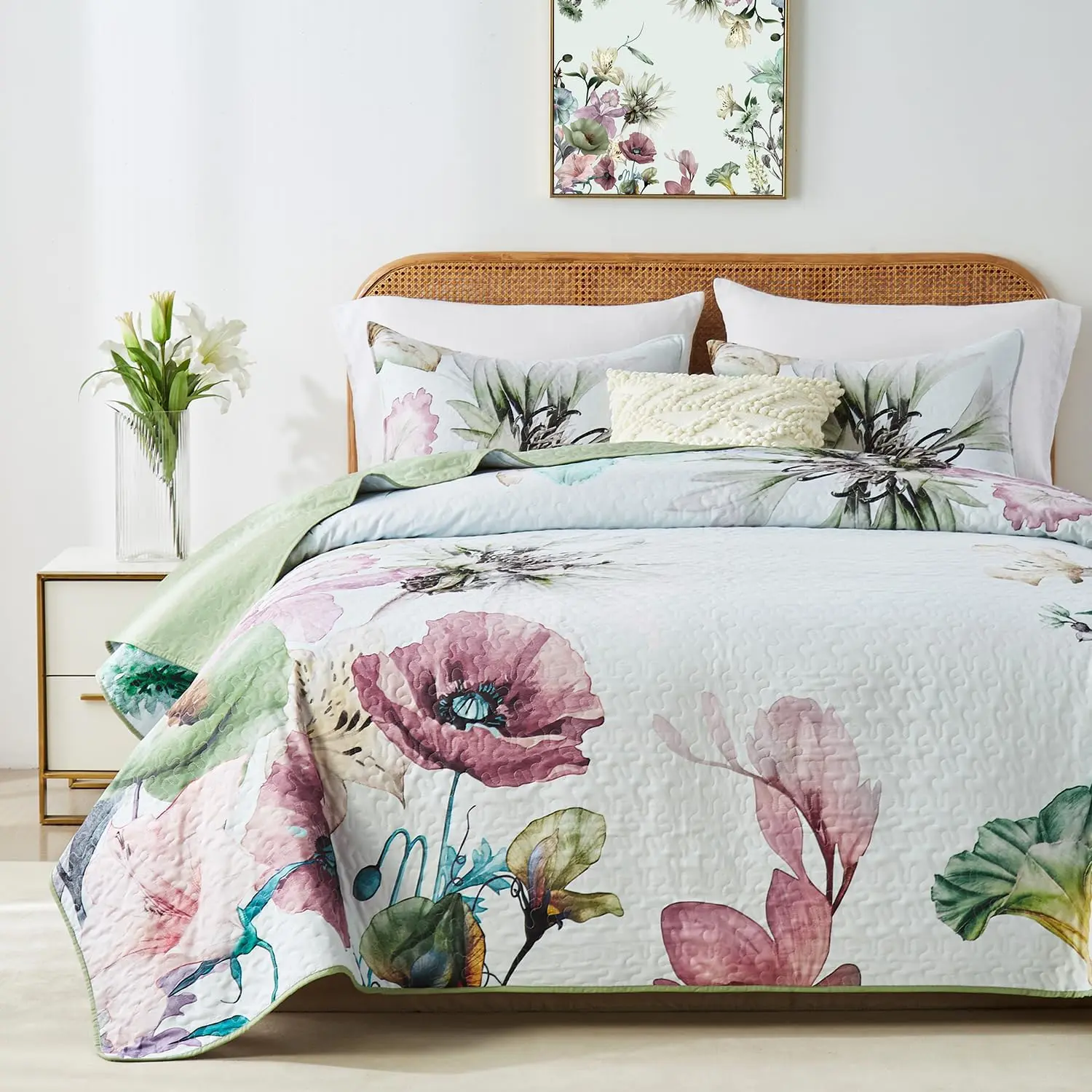 Elegant Floral Botanical Green Bedding Set Full Size Quilt Set 3  Soft Microfiber Bedspread Coverlet with 2 Pillow Shams for  Seasons 90"x96"