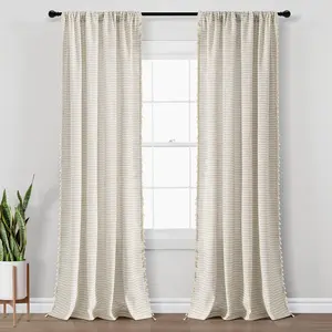 Lush Decor Boho Coastal Horizontal Ticking Stripe Tassel Window Curtain Panel Set 84x52 Faux Linen Striped Design with Textured Tassels for Relaxing Home Decor - Shutter Blinds
