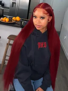 32 Inch Burgundy Straight 13x4 Lace Front Wigs HD Transparent Lace Frontal Wig Pre-Plucked Natural Hairline Heat Resistant Fiber Free Part Red Concert Look Straight Wig Coachella Festival Look Lace Frontal Wigs
