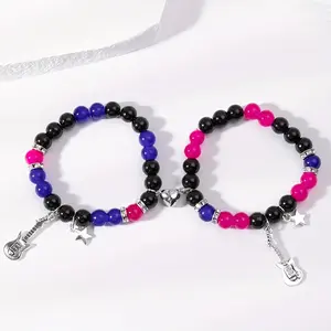 2Pcs Star Guitar Y2k Glass Beads Bracelets, Couple Pentagrams Jewelry, Couple Bracelets for Women Men Valentines Day Gift