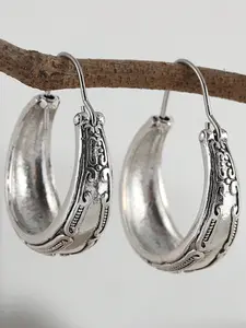 Bohemian Earrings, Silver Color Women's Earrings, Handmade Earrings, Gift for Her, Textured Silver Earrings, Fashion Jewelry, Hoop Shape Earrings, Fashionable Hoop Earrings