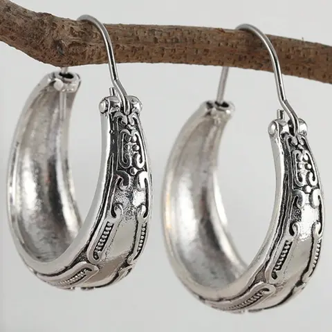 Bohemian Earrings, Silver Color Women's Earrings, Handmade Earrings, Gift for Her, Textured Silver Earrings, Fashion Jewelry, Stylish Jewelry, Hoop Shape Earrings, Fashionable Hoop Earrings, Hoops Shape Earrings