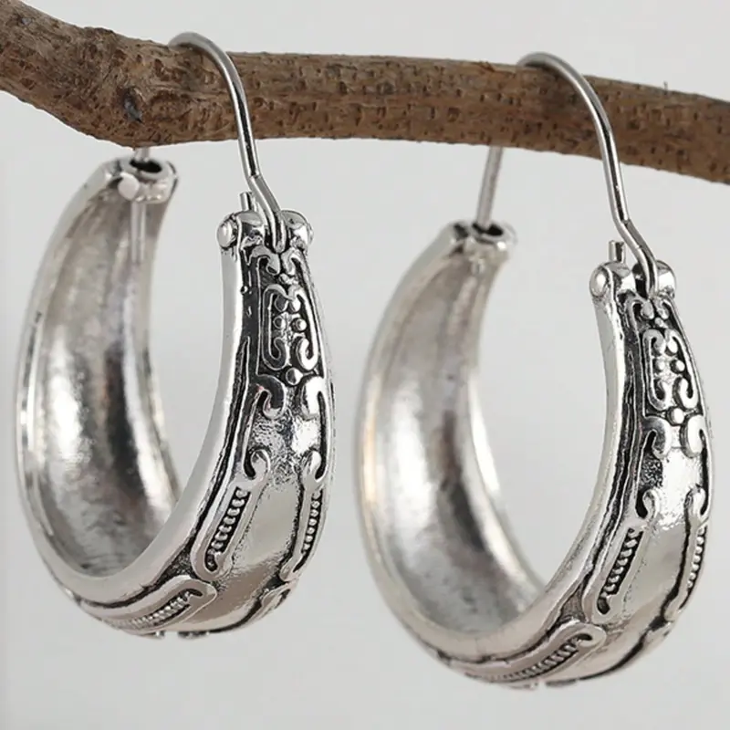 Bohemian Earrings, Silver Color Women's Earrings, Handmade Earrings, Gift for Her, Textured Silver Earrings, Fashion Jewelry, Stylish Jewelry, Hoop Shape Earrings, Fashionable Hoop Earrings, Hoops Shape Earrings