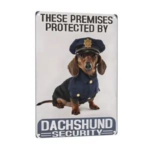 8x12 Inches Vintage Metal Tin Sign - 'These Premises Protected By Dachshund Security' - Pre-Drilled, Waterproof, Suitable for Home, Coffee, Or Garden Decor