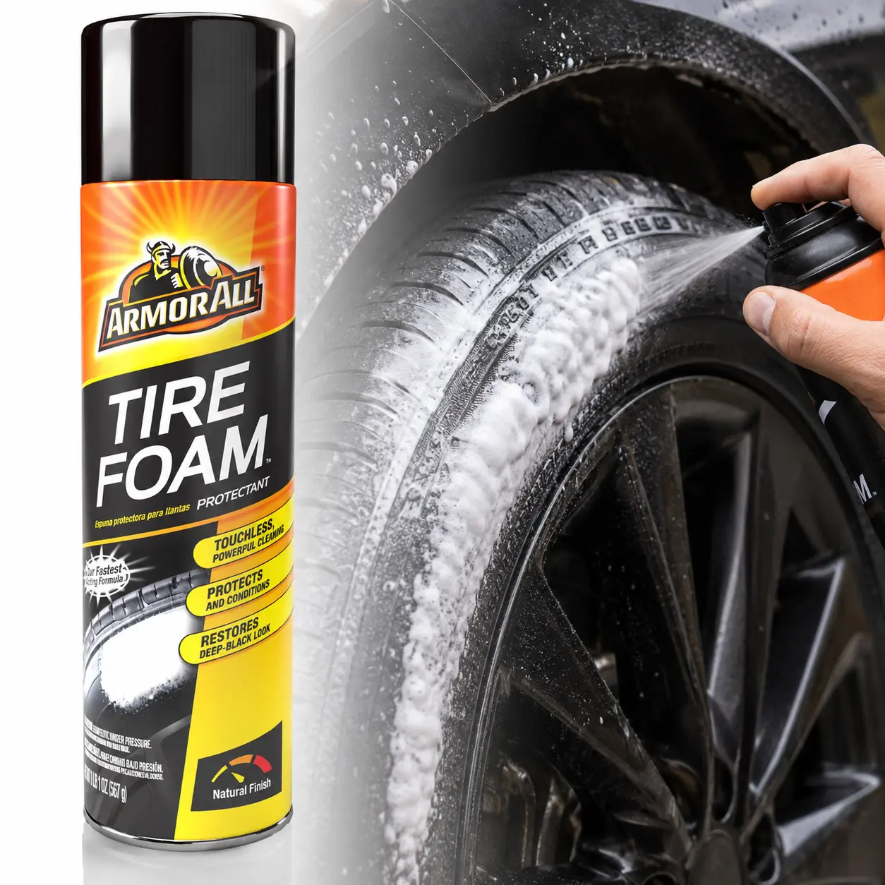 Armor All 20 oz. Tire Foam Protectant,tire foam cleaner,tire shine foam,deep black look,powerful cleaning,rubber conditioners,nourishes sidewalls,restores tire color,spray and walk away,one-step tire care,non-greasy finish,tire protectant,easy to use