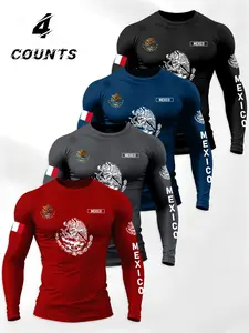 Men's Mexican Theme Letter Flag Long Sleeve T-Shirt 4 Pack, Round Neck, Multi-Functional Daily Wear, Durable Comfort Fit
