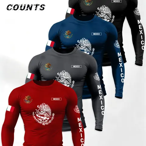Men's Mexican Theme Letter Flag Long Sleeve T-Shirt Set, Prints, Round Neck Design, Multi-Functional Daily Wear, Durable Comfort Fit