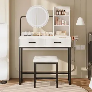 [Spring Glow Up] Vanity Desk with 360° Rotating LED Mirror & Lights, 2 Drawers & 6 Shelves, Dressing Table with Power Outlet & Hair Dryer Holder – Perfect Gift for Her & Bedroom Essential