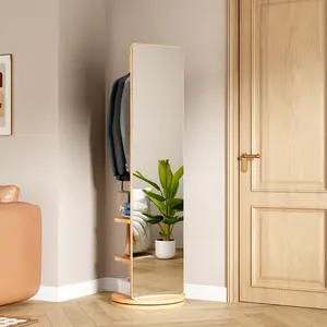 360° Rotating 66"x14" Multifunctional Full Length Mirror with Hook Storage Rack Coat Rack with Mirror Solid Wood Floor Mirror Bedroom Living Room Cloakroom Space Saving