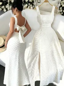 Women's Sleeveless Square Neck Side Slit Long Dress, Plain Casual Style, Essential for Weddings & Parties, Perfect for Special Occasions