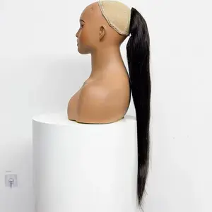 Straight Human Hair Natural Black Drawstring Ponytail Extension – Clip-In Wrap Around Ponytail 150% Density