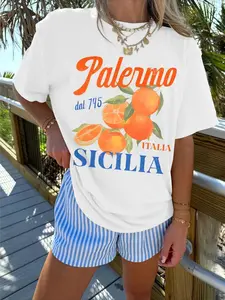 Vintage Cotton Oversized T-Shirt, Palermo Sicilia Italia dal 745 Orange Graphic Tee, Retro Italian Travel Shirt for Women, Aesthetic Summer Casual Top, Trendy Sicily Apparel, Unique Gift