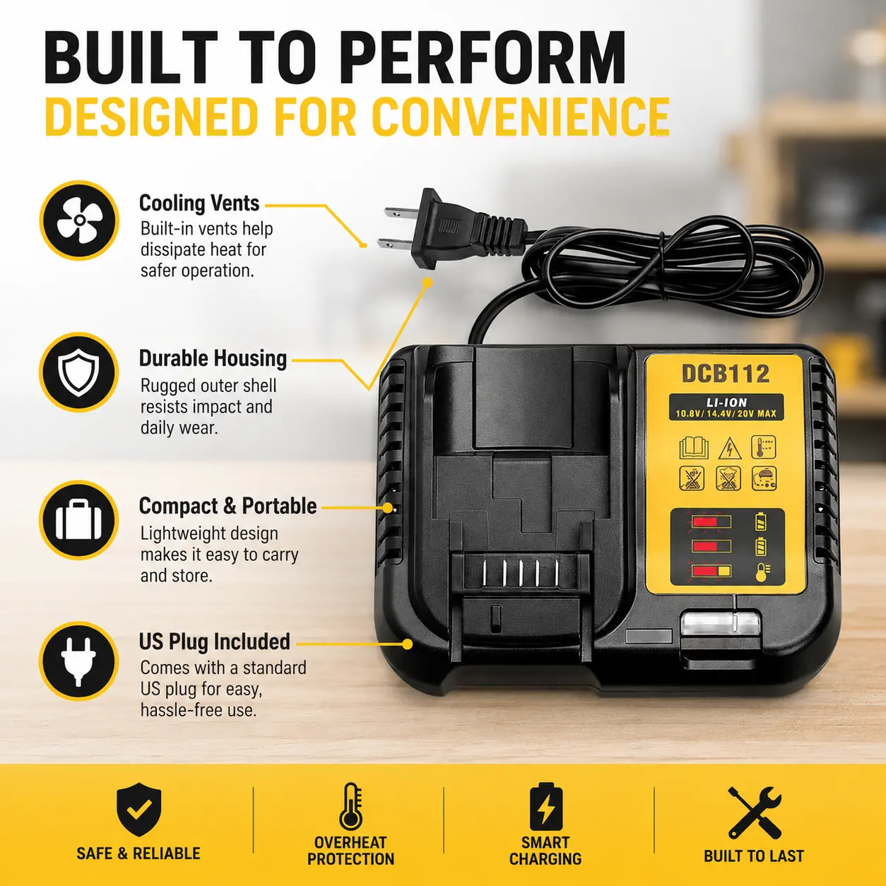 Compact Li-Ion Battery Charger Compatible with DEWALT 10.8V 14.4V and 20V MAX Battery Packs, Fast Charging, US Standard Plug
