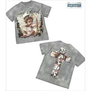 Cherub Print T - Shirt Printed T - Shirt, 230g Washed Care Label T - Shirt, Unisex Acid - Washed Cotton Printed T - Shirt, Vintage Washed T - Shirt, Crew - Neck T - Shirt, Machine - Washable, Casual Summer Outfit, Men's Loose Fit T - Shirt