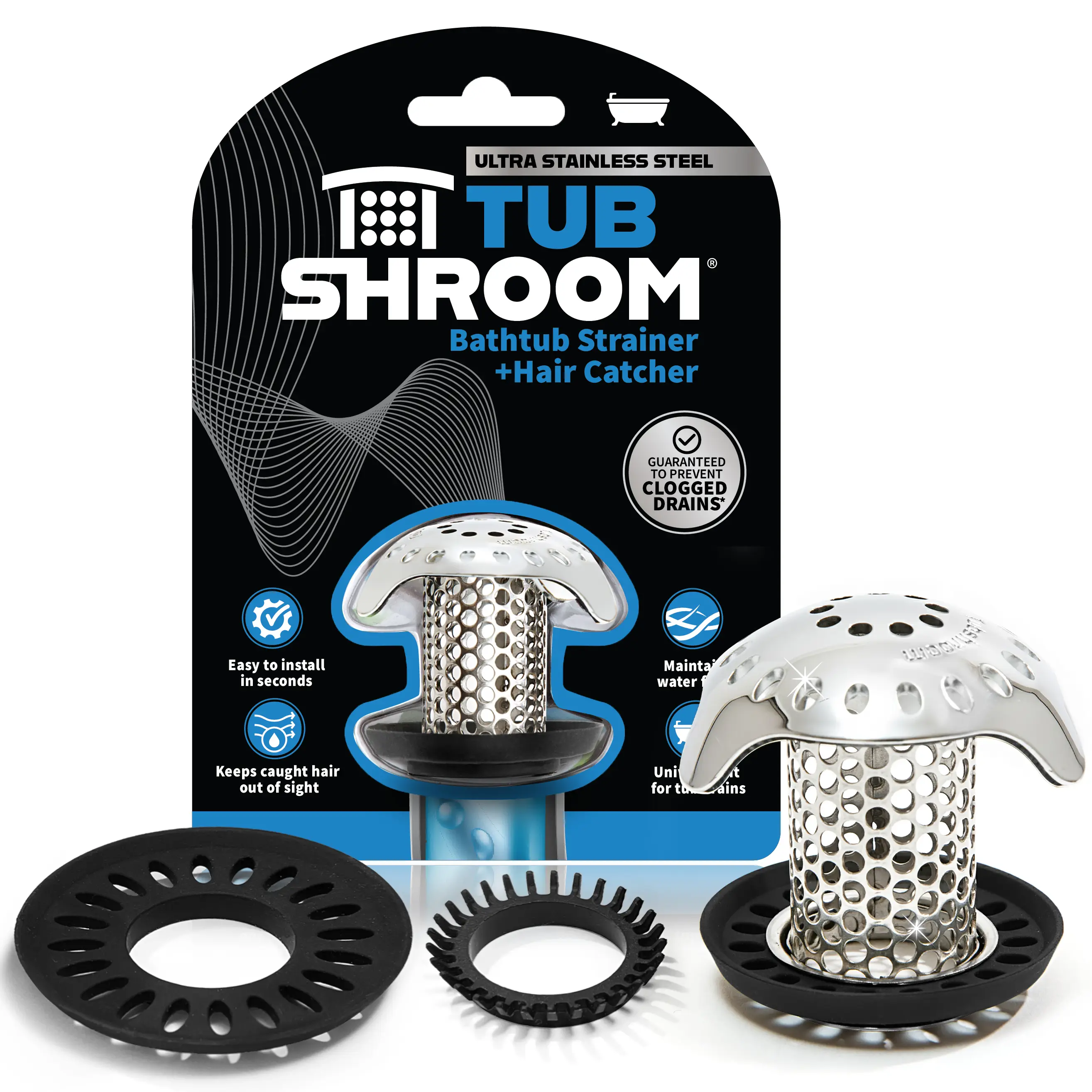 TubShroom Ultra Stainless Steel Bathtub Drain Protector Hair Catcher Strainer Snare with 2 Adapters for Standard & Larger Drains Revolutionary Bathroo