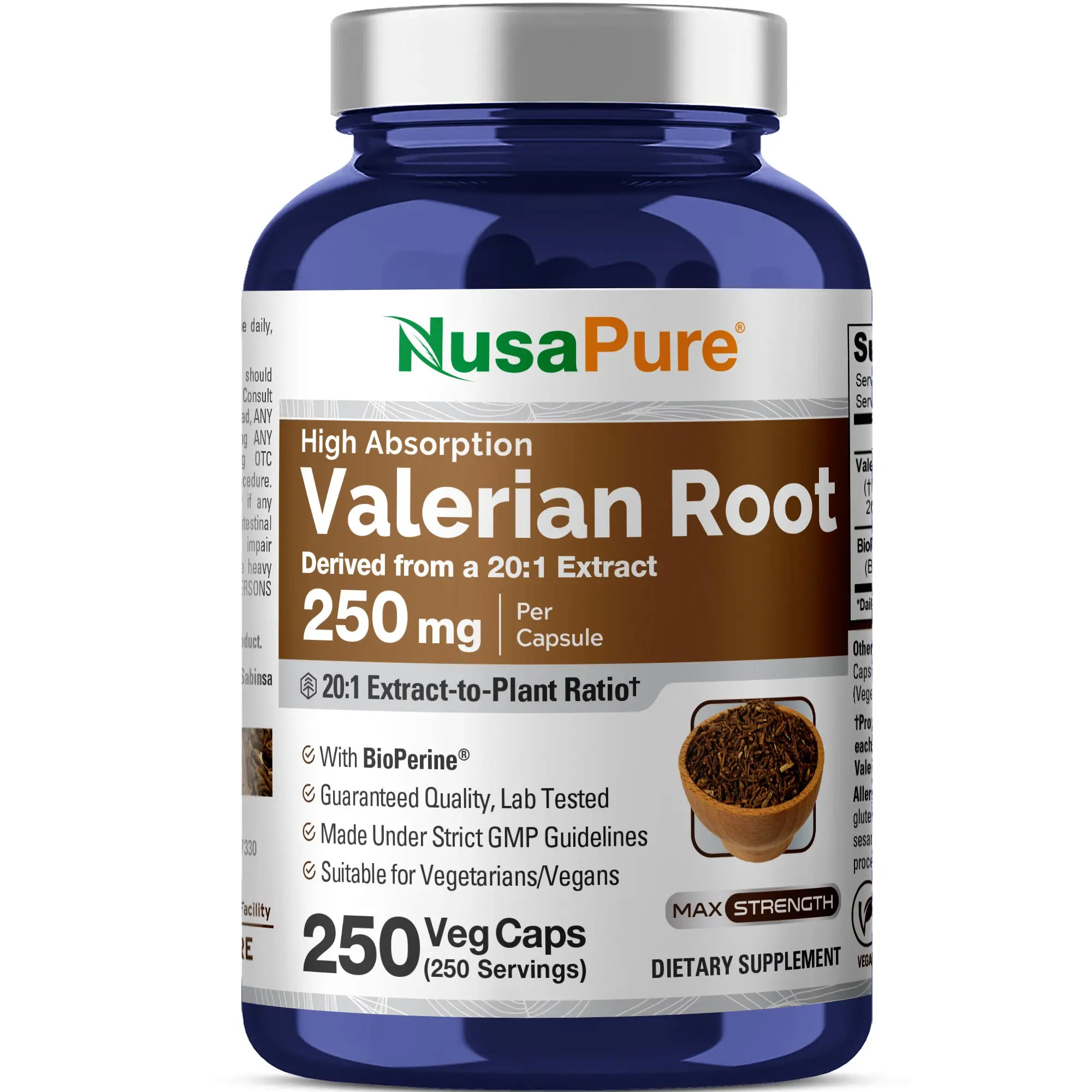 NusaPure Concentrated Valerian Root 20:1 Extract Herbal Sleep Support Veggie Capsules, 250 mg Natural Valerian Per Capsule, 250 Count, Vegan, GMO-Free, Bioperine Vitamins Supplements, Herbal Sleep Support Vitamins Supplements