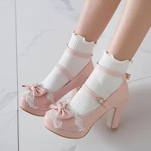 CharmingPinkMaryJaneHighHeelswithBowTie&LaceDetail,ComfortableThickSole,RoundToe,IdealforParties&Work,All-SeasonWearElegantShoeWomenGirlPlatformSandalsWhite