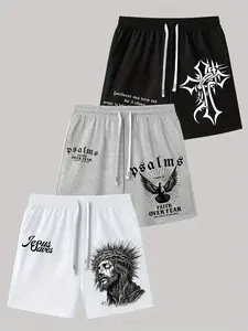 3-Pack "Faith Over Fear" Christian Graphic Drawstring Shorts | Religious Streetwear Casual Shorts Set