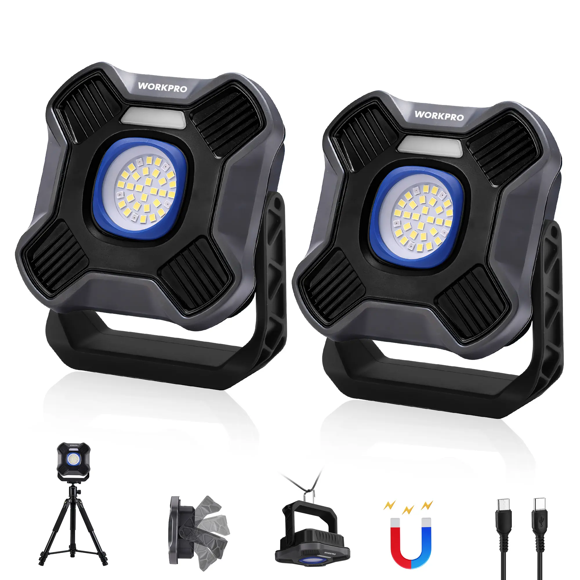 #summersale WORKPRO LED Work Light, Rechargeable Magnetic Work Lights with Stand, Portable 2000LM Flood Light for Camping, Fishing, Car Repair, Emergency, Job Site Lighting, Mechanic Light with 5 Modes, 2 Pack