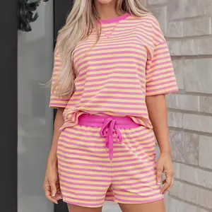 Women's 2 Piece Striped Lounge Sets Drop Shoulder Boxy Casual Terry Short Set Sweatsuit with Pockets Crew Neck Contrast Trim Short Sleeve T-Shirt and Drawstring Shorts Matching Outfits for Summer
