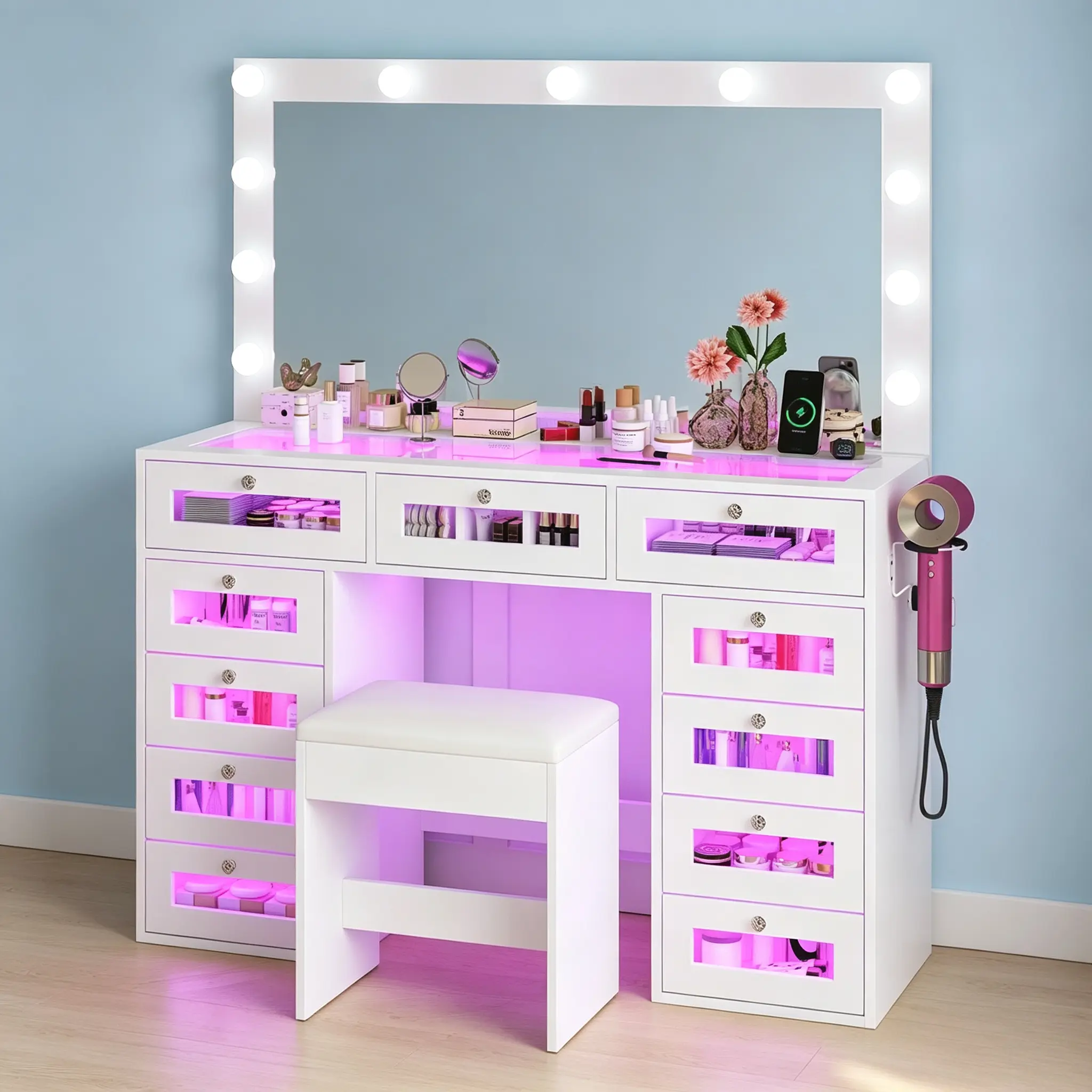 CollaredEagle Vanity Desk with Makeup Mirror, Makeup Organizer and Storage Table, LED Lighted Vanity Table, Bedroom Vanity, Dorm Room Vanity, Modern Vanity Furniture for Daily Grooming