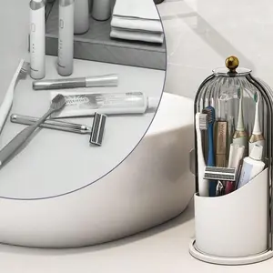 Covered Makeup Brush Holder, 360 Rotating Brush Rack, Dust-Proof Storage Cabinet, Toothbrush Holder, Space-Saving Bathroom Organizer