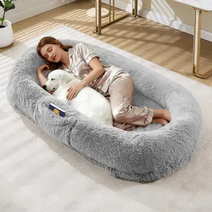 Garvee 67-Inch Human Dog Bed for Adult & Pets, Removable Faux Fur Human Dogs Bed with Portable Handle, Side Pockets, Egg-Shaped Orthopedic Foam. Large Dog Bed for Living Rooms, Bedrooms, and Offices