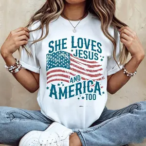Women's Independence Day Patriotic T-shirt, Christian Shirt, 4th Of July Shirt, She Loves Jesus And America Too Shirt, America Retro Shirt, Usa Shirt, USA Flag Tee for Women funny graphic white